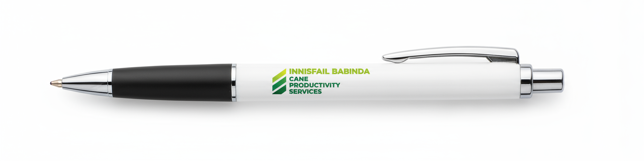Ballpoint pen with Innisfail Babinda Cane Productivity Services logo on the side in a light to dark green gradient.