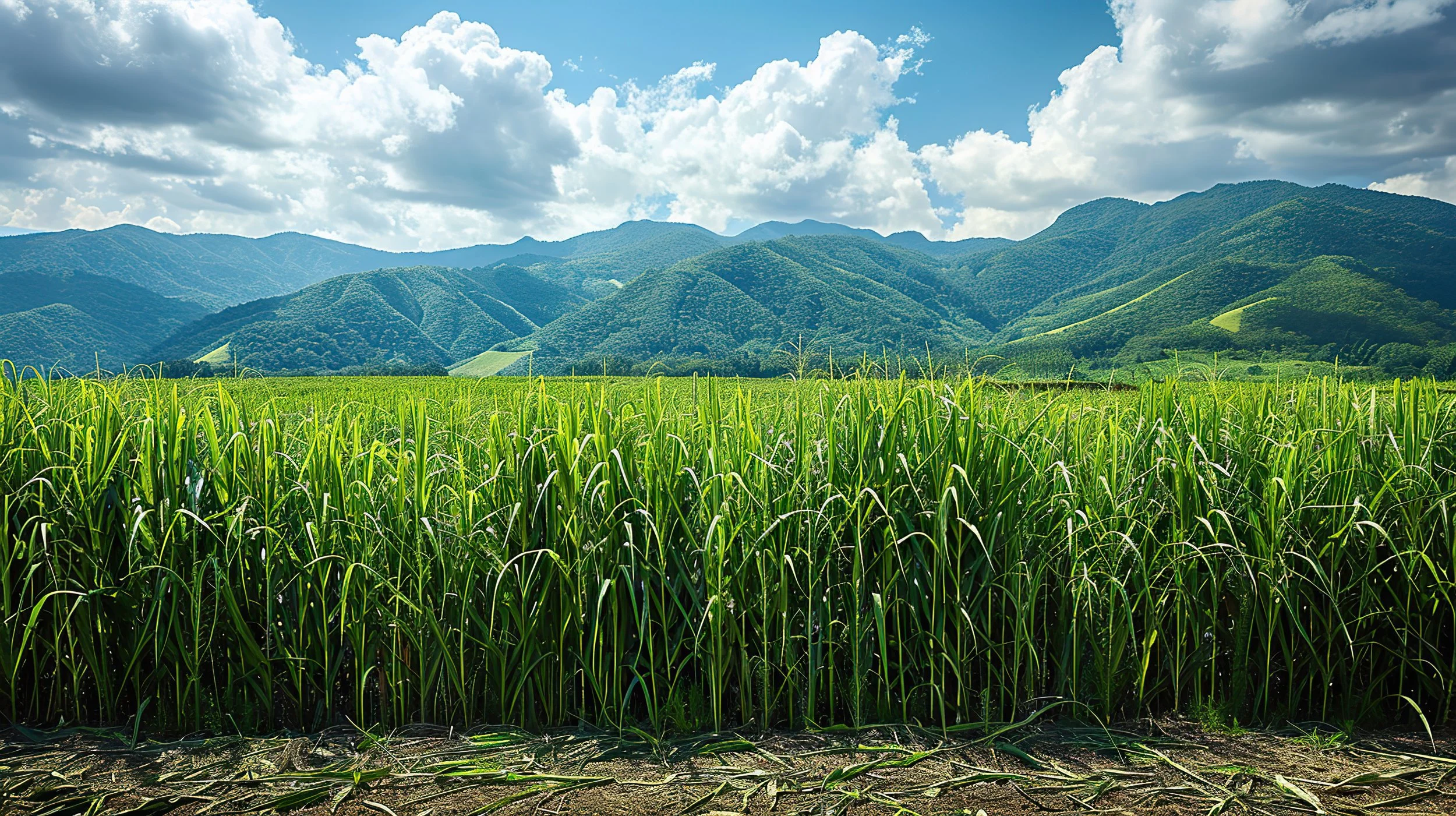 Productivity Services. Lush sugarcane field near Innisfail, Queensland, Australia, with vibrant green cane stalks growing beneath rainforest-covered mountains under a bright blue sky with scattered tropical clouds.