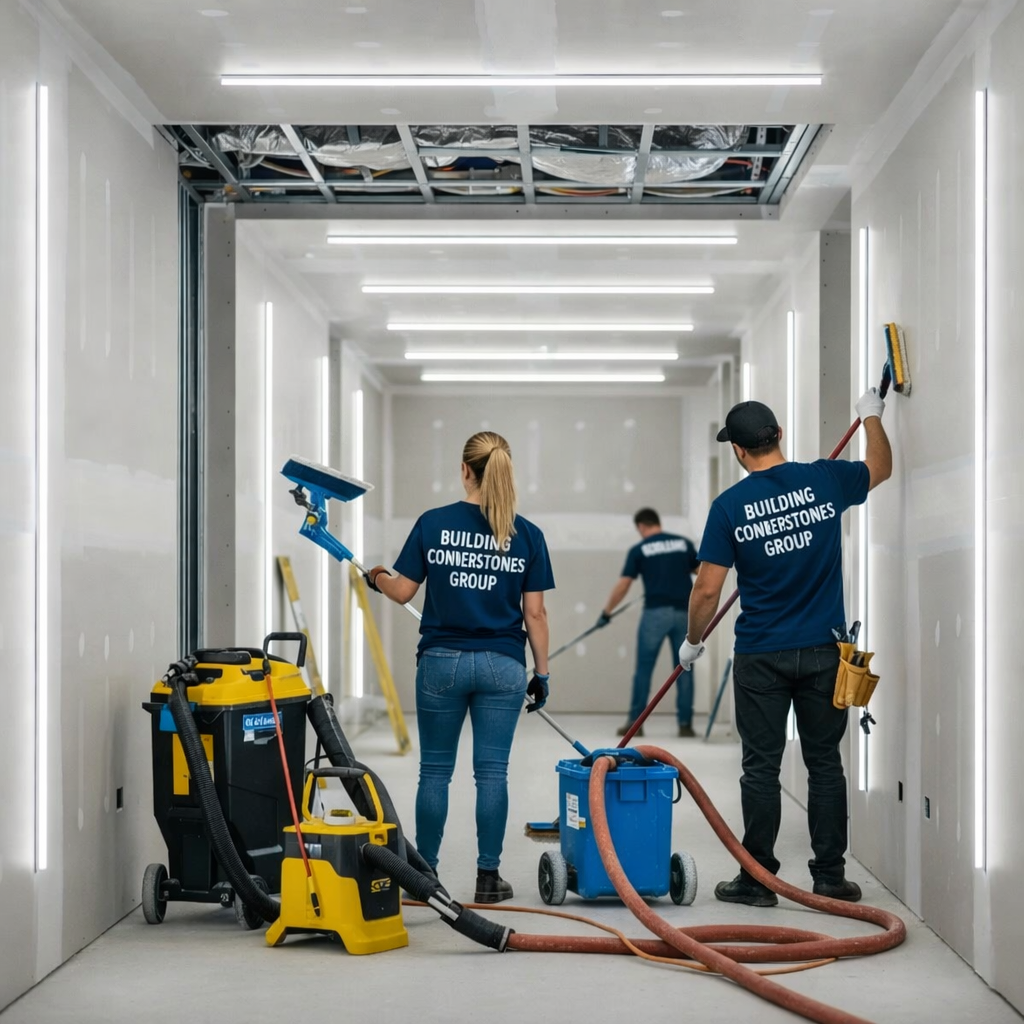 Cleaning staff at construction site hallway.png