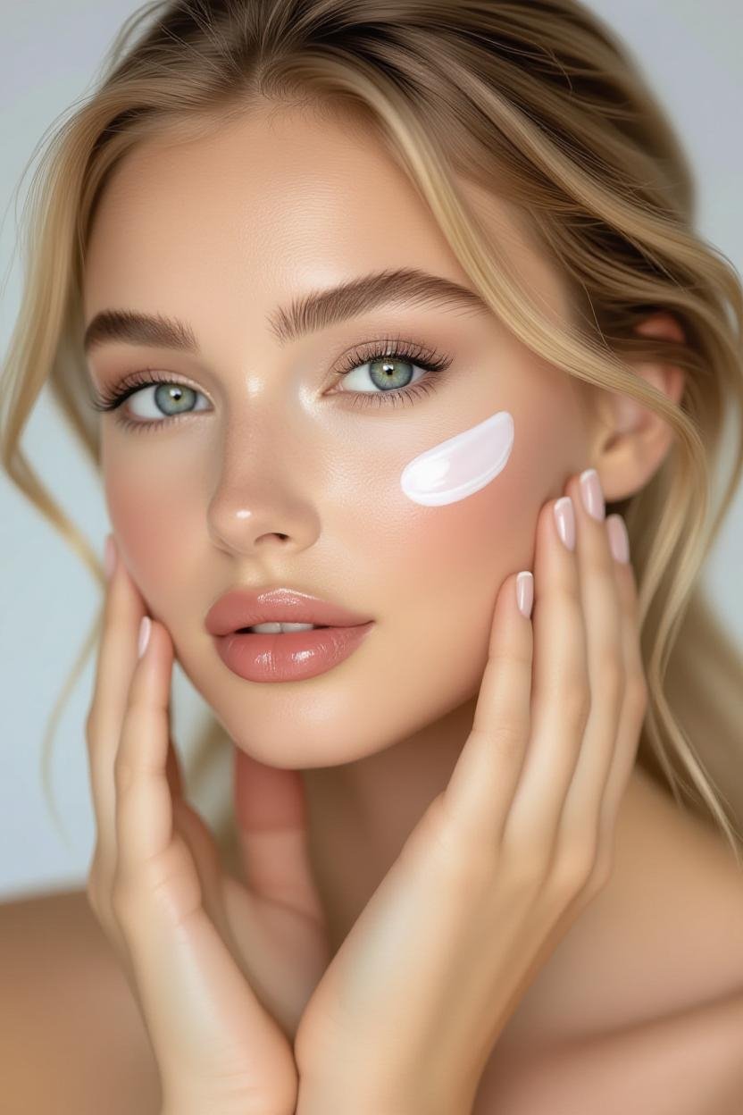 A woman with fair skin and blonde hair applies moisturizer to her cheek.