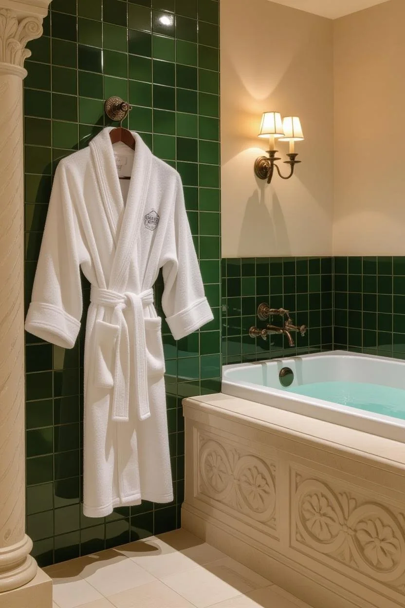 A white bathrobe hanging on a wooden hanger on a hook against a dark green tiled wall in a bathroom. There is a decorative wall sconce with two lamps above a bathtub, which is filled with water.