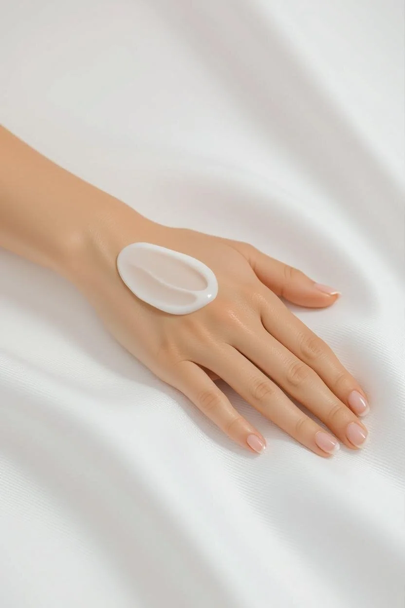 A hand resting on a white satin fabric with a dollop of white lotion or cream on the back of the hand.