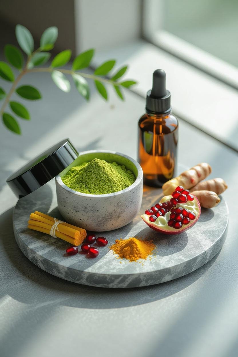 A marble tray holding a black-lidded container of green powder, turmeric root, a halved pomegranate with red seeds, an amber dropper bottle, spiralized turmeric, and some loose red seeds, all in natural light.