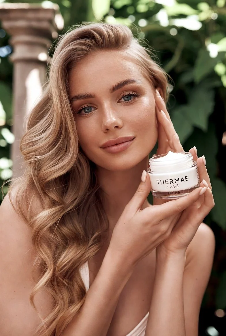 A young woman with long, wavy blonde hair holds a jar of skincare cream labeled 'THERMAE LABS' near her face, smiling softly. She is outdoors with green foliage background.