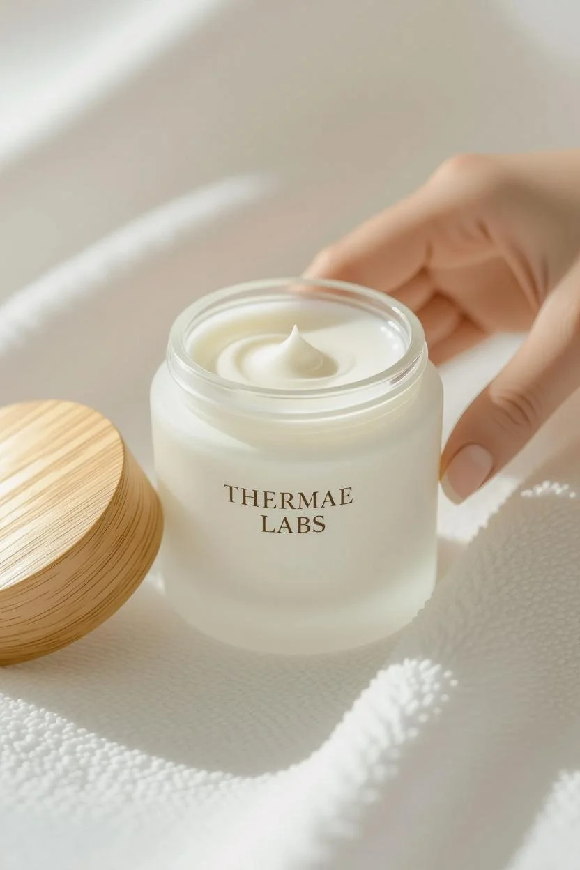 Open jar of Thermae Labs cream with a wooden lid on a white textured surface, a hand nearby, with natural lighting.