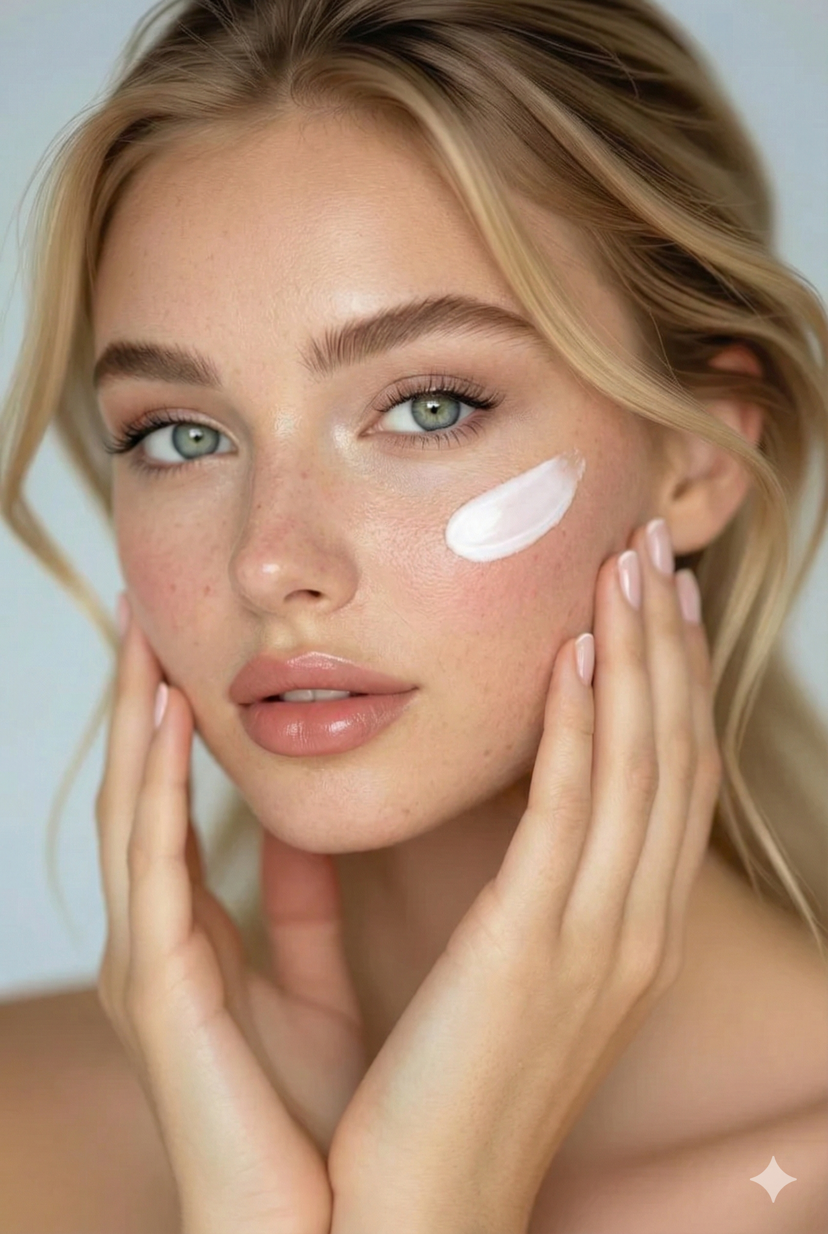 A beautiful woman showing off her face cosmetics and radiant skin