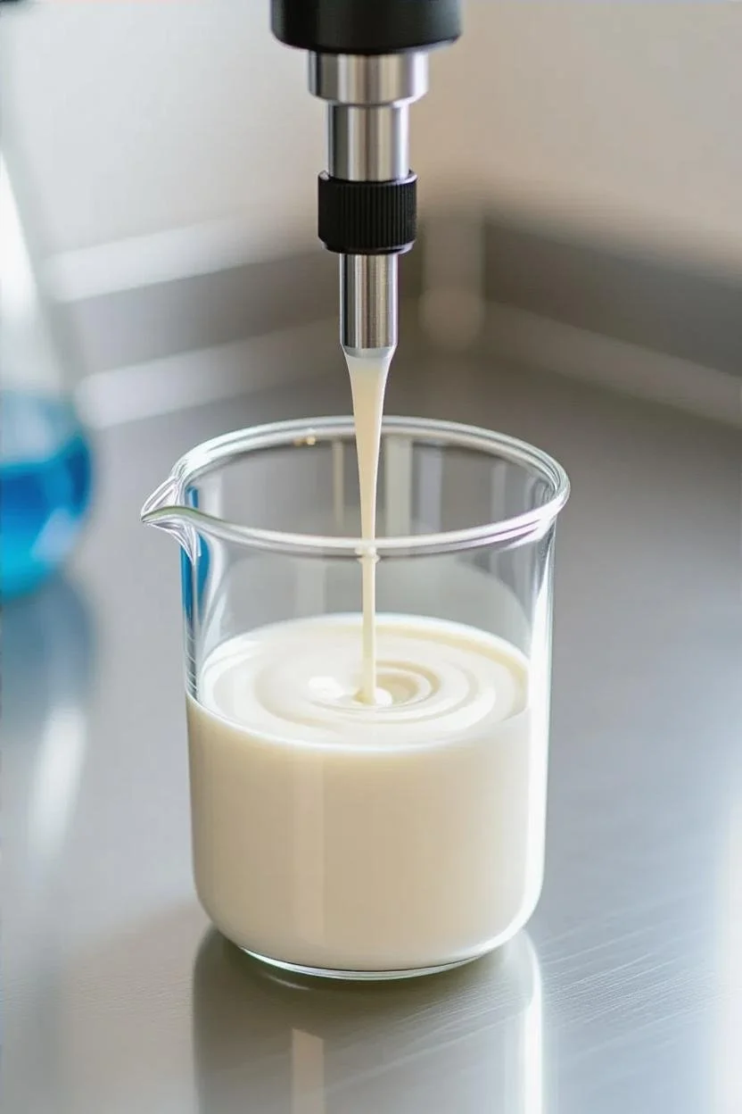 A laboratory setting with a metal and black nozzle pouring a stream of white liquid into a glass beaker.