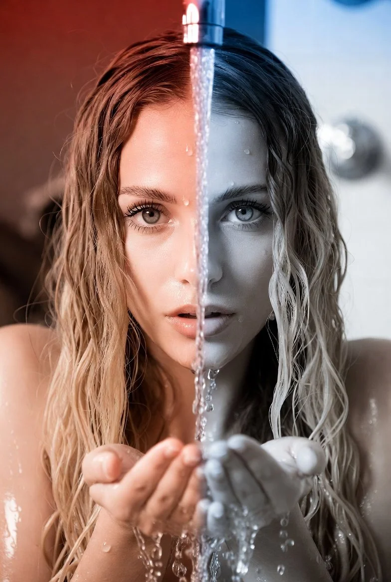 woman washing face with hot water vs cold