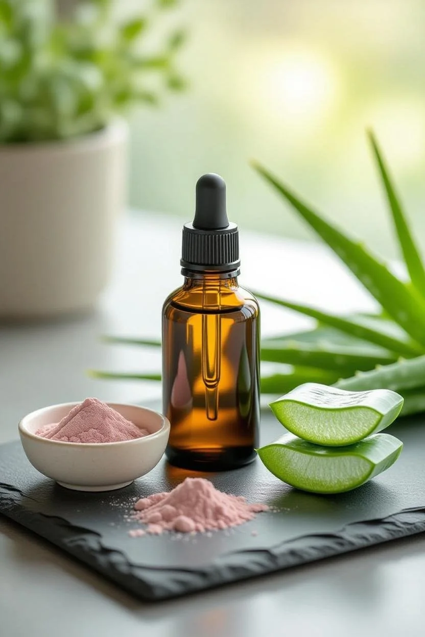 A brown dropper bottle on a black slate tray surrounded by aloe Vera slices, a small bowl of pink powder, and a large aloe Vera plant in the background.