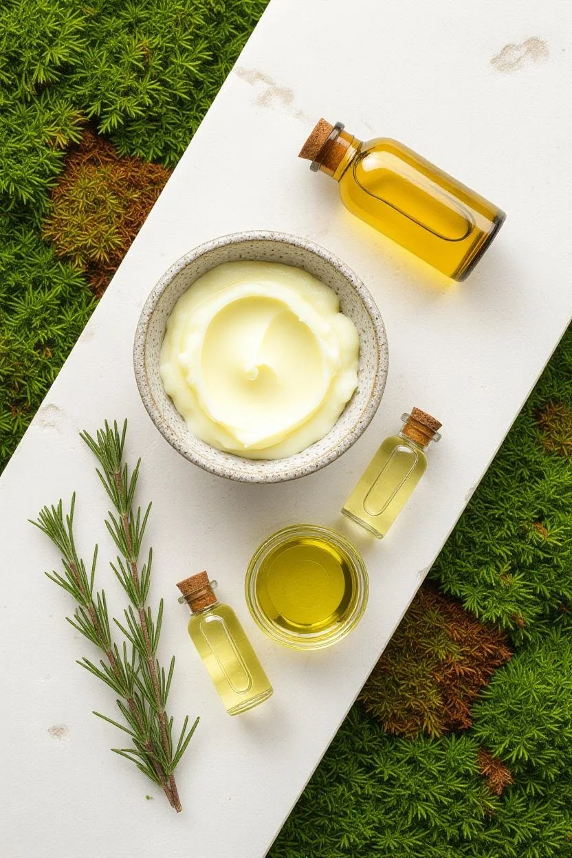Various bottles of essential oils, a bowl of white cream or lotion, and a sprig of rosemary on a white surface with greenery in the background.