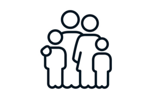 Simple line drawing of five people, one adult and four children, standing together.