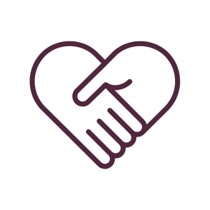 A purple outline of two hands shaking inside a heart shape against a black background.