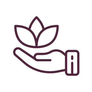 Outline of a hand holding a growing plant with three leaves.