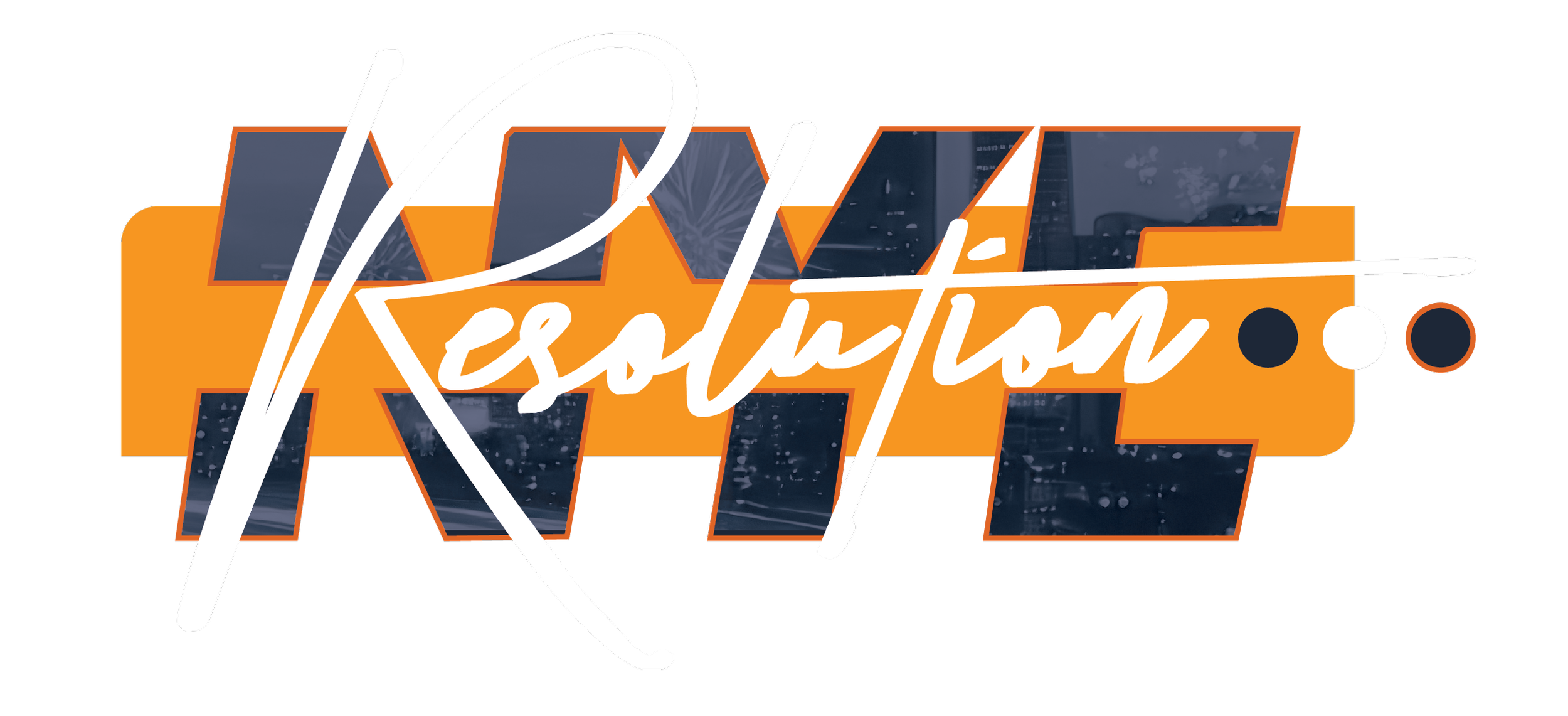 Neon sign with the text 'NIGHT RESOLUTION' in stylized fonts, featuring an orange background and dark blue outlined letters, with cityscape reflections and small decorative circles.