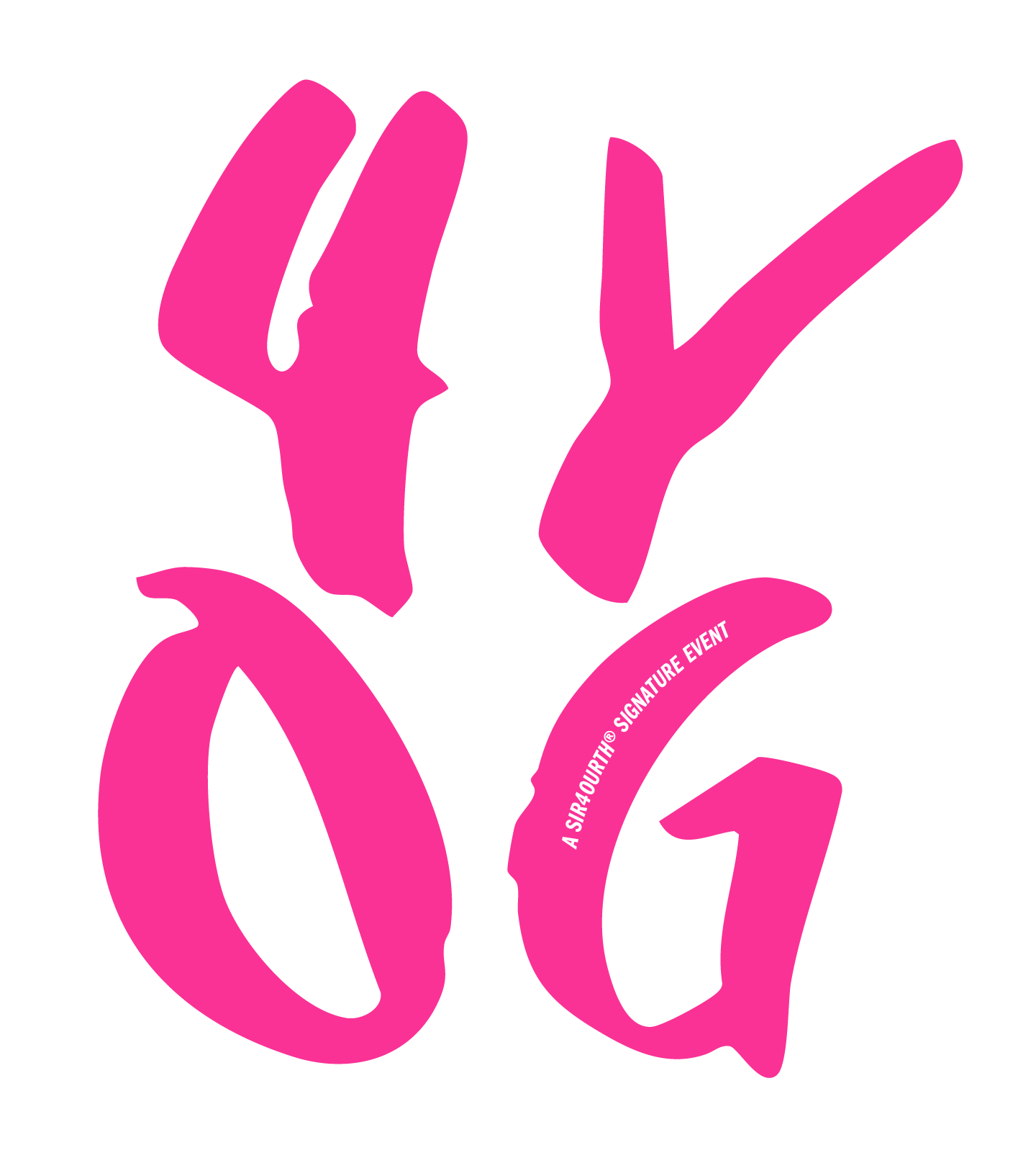 Pink stylized hand signs spelling out 'LOVE' on a black background, with a diagonal white text banner reading 'A SIGNA4OURTH® SIGNATURE EVENT'.