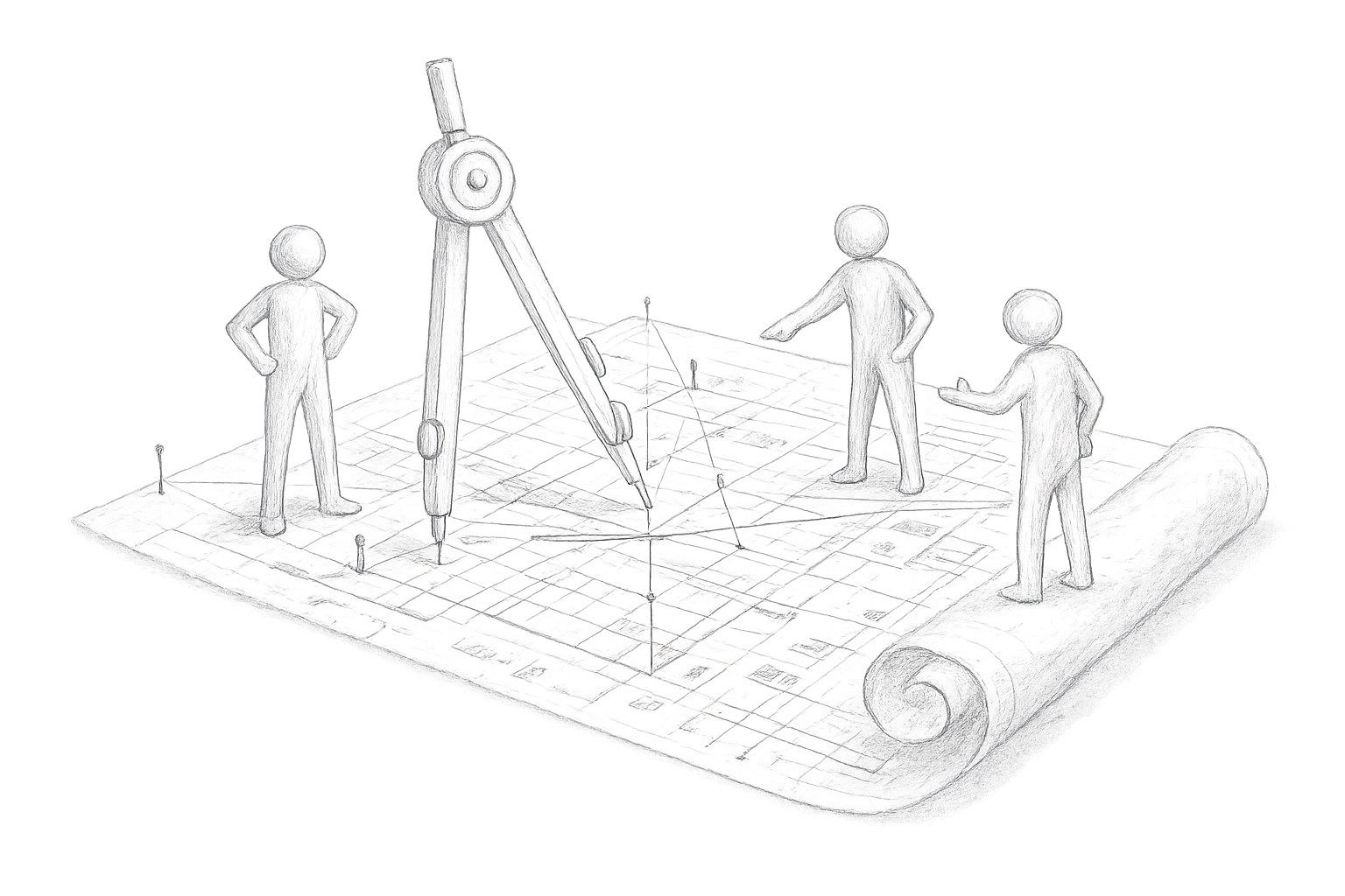 Drawing of three human figures on a blueprint with drafting tools and a large compass, representing planning or design processes.