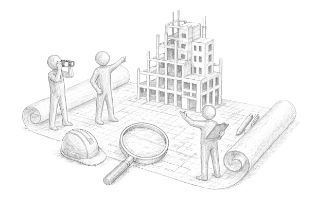 A detailed architectural blueprint with three covered buildings, a person using binoculars, a person pointing, a magnifying glass, a hard hat, and rolled-up blueprints.