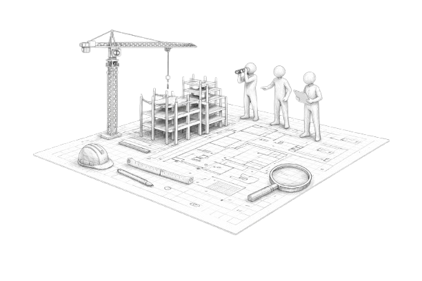 Architectural pencil sketch of construction oversight and project execution with building framework, crane, and development team monitoring progress on site.