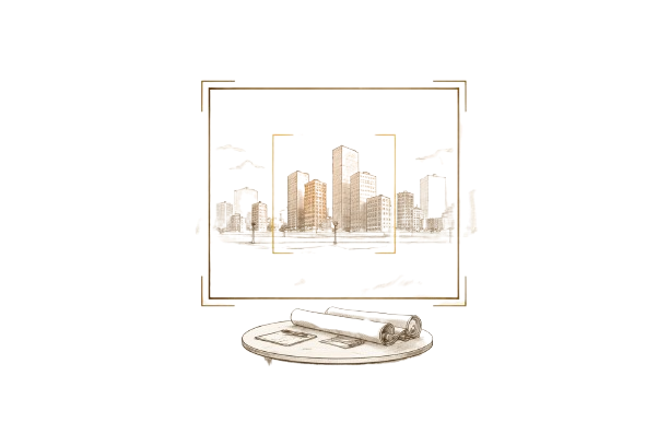 A digital sketch of a city skyline on a computer screen with architectural blueprints and a rolled-up blueprint on a desk.