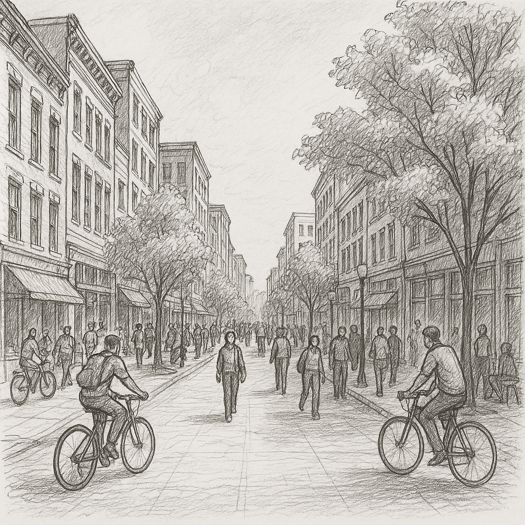 Architectural sketch of walkable urban development with pedestrians and cyclists, illustrating people-centered real estate design and community-focused planning.