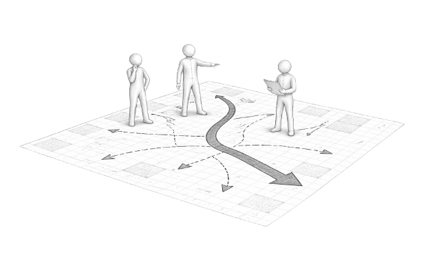 Three 3D human figures on a large paper with a map, depicting different decision paths and a central curving arrow showing a main route.