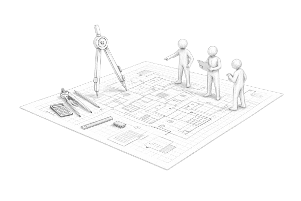 Architectural sketch of real estate project planning and predevelopment with site plans, drafting tools, and abstract figures reviewing feasibility and design concepts.