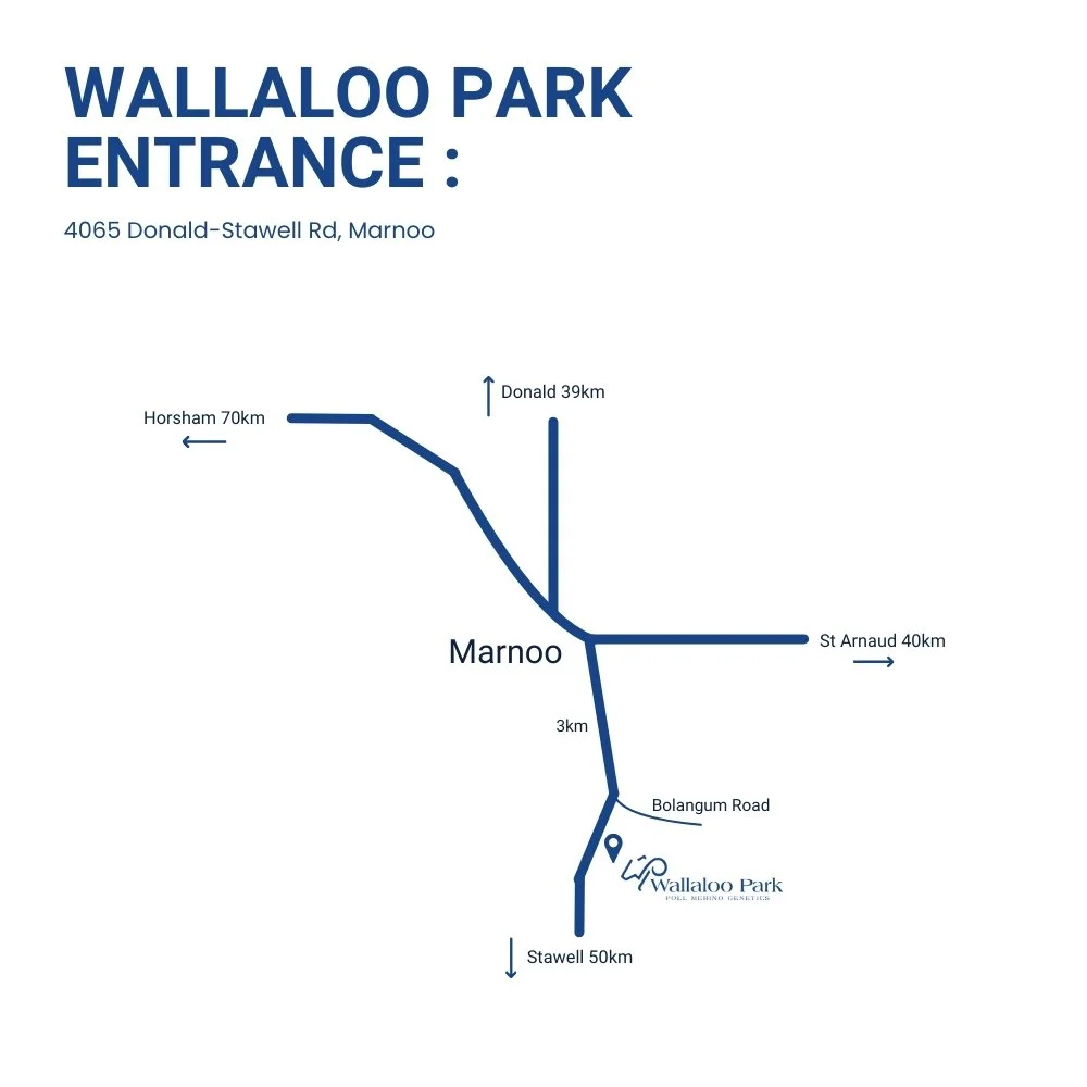 Map of Wallaroo Park entrance displaying road directions and distances to nearby locations, including Marnoo, Horsham, Donald, St Arnaud, and Stawell, with a branch to Bolangum Road.