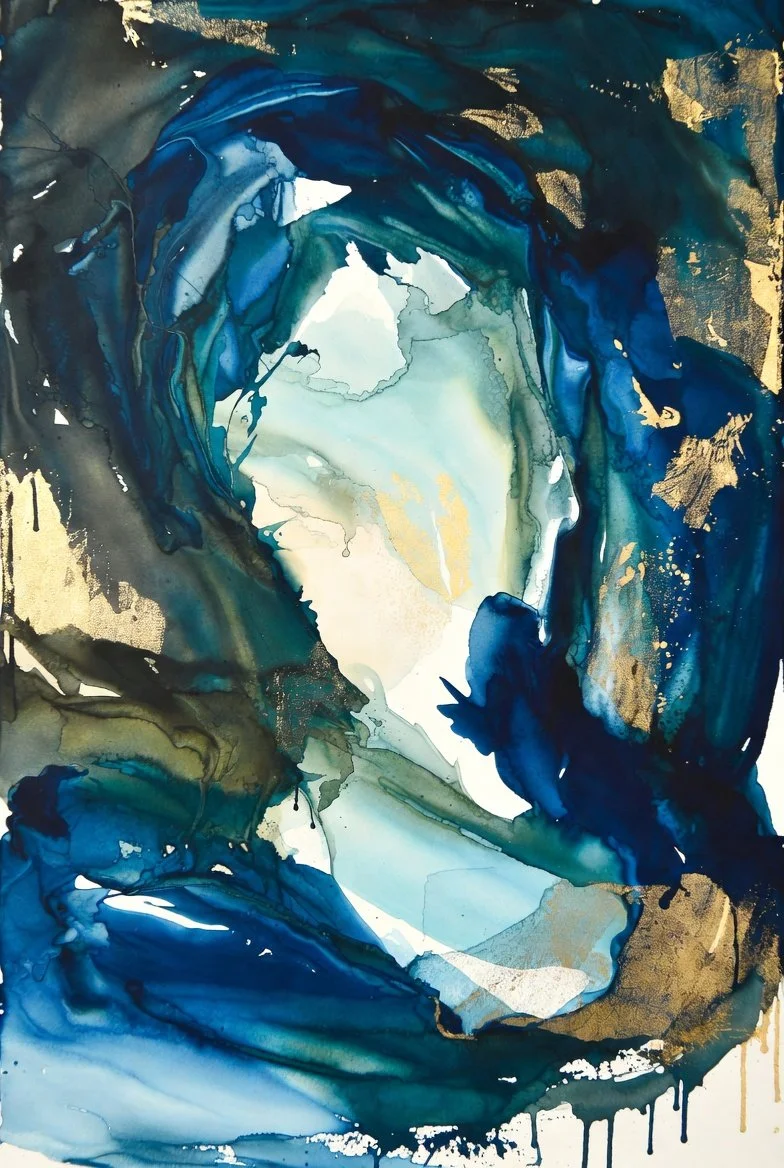 Abstract watercolor painting with swirling shades of blue, green, black, and gold.
