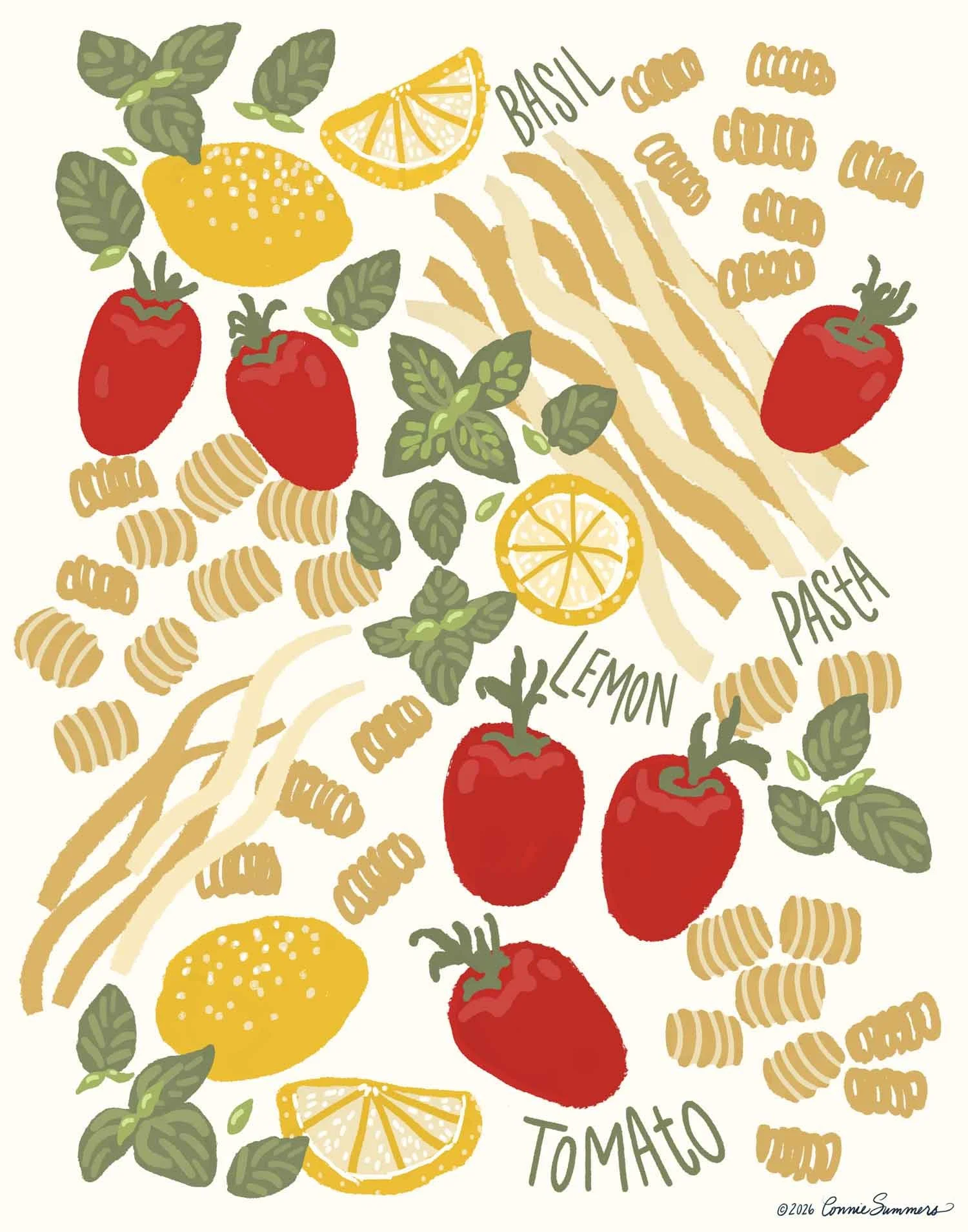 Illustration of ingredients including tomatoes, basil leaves, pasta, and sliced lemon and lemon wedge, with handwritten labels for each ingredient.