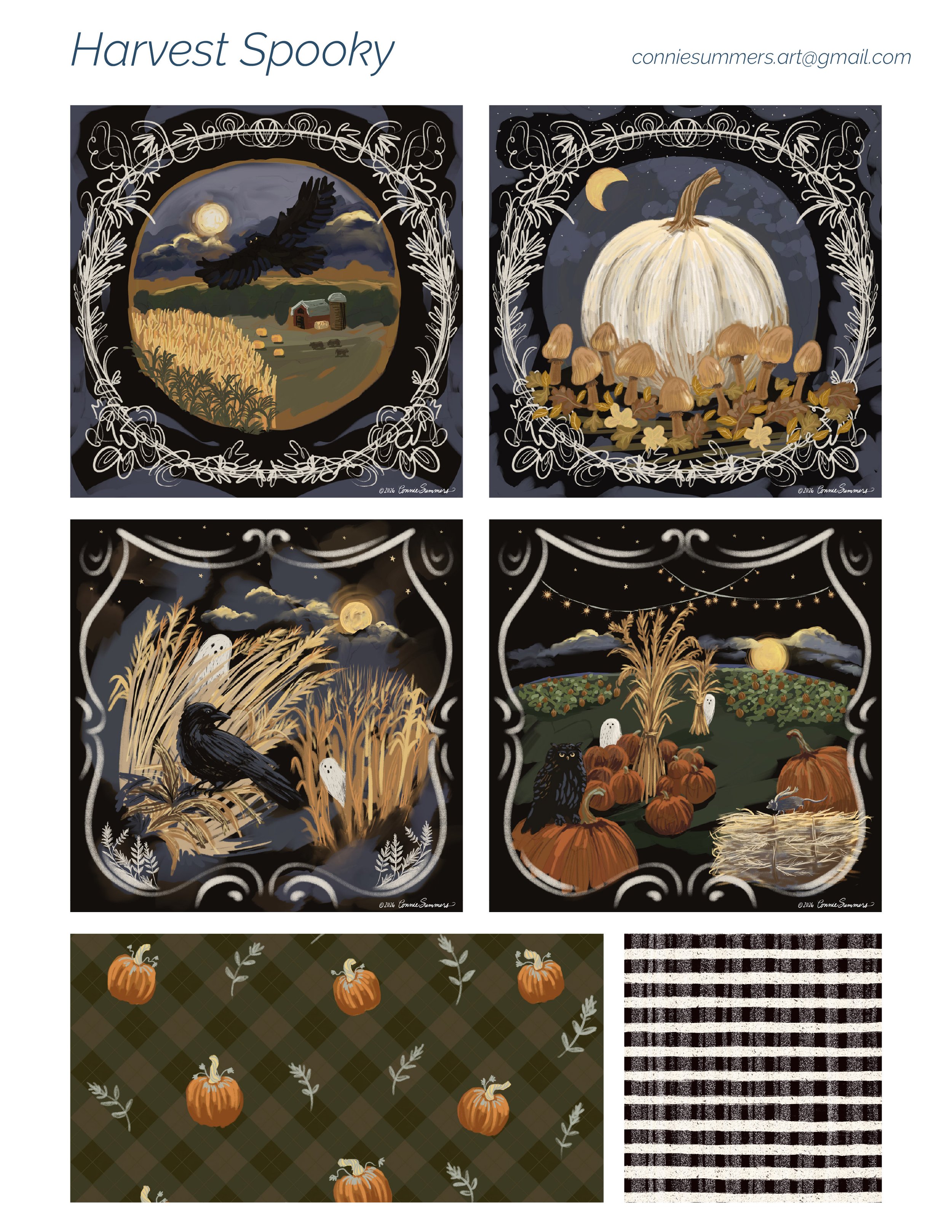 A harvest Halloween collection with dark moody colors. There are owls, a raven, ghosts, pumpkin patch, a farm and mushrooms.