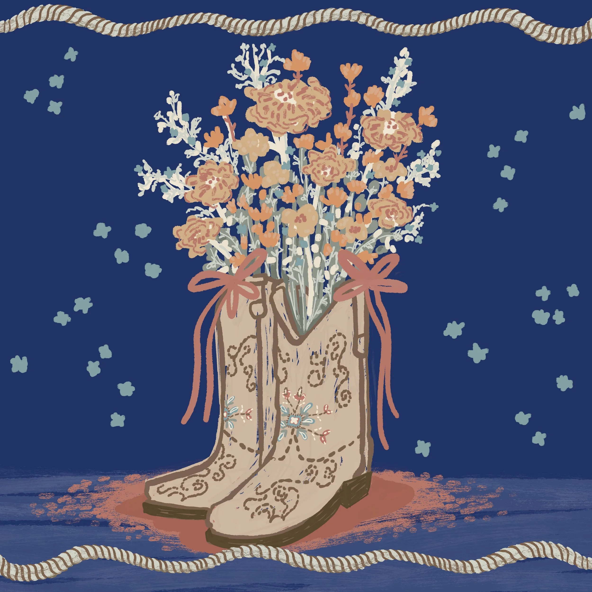 A pair of cowboy boots filled with a bouquet of peach, orange, blue and white flowers against a dark blue background with light blue scattered flowers and a decorative rope at the top and bottom.