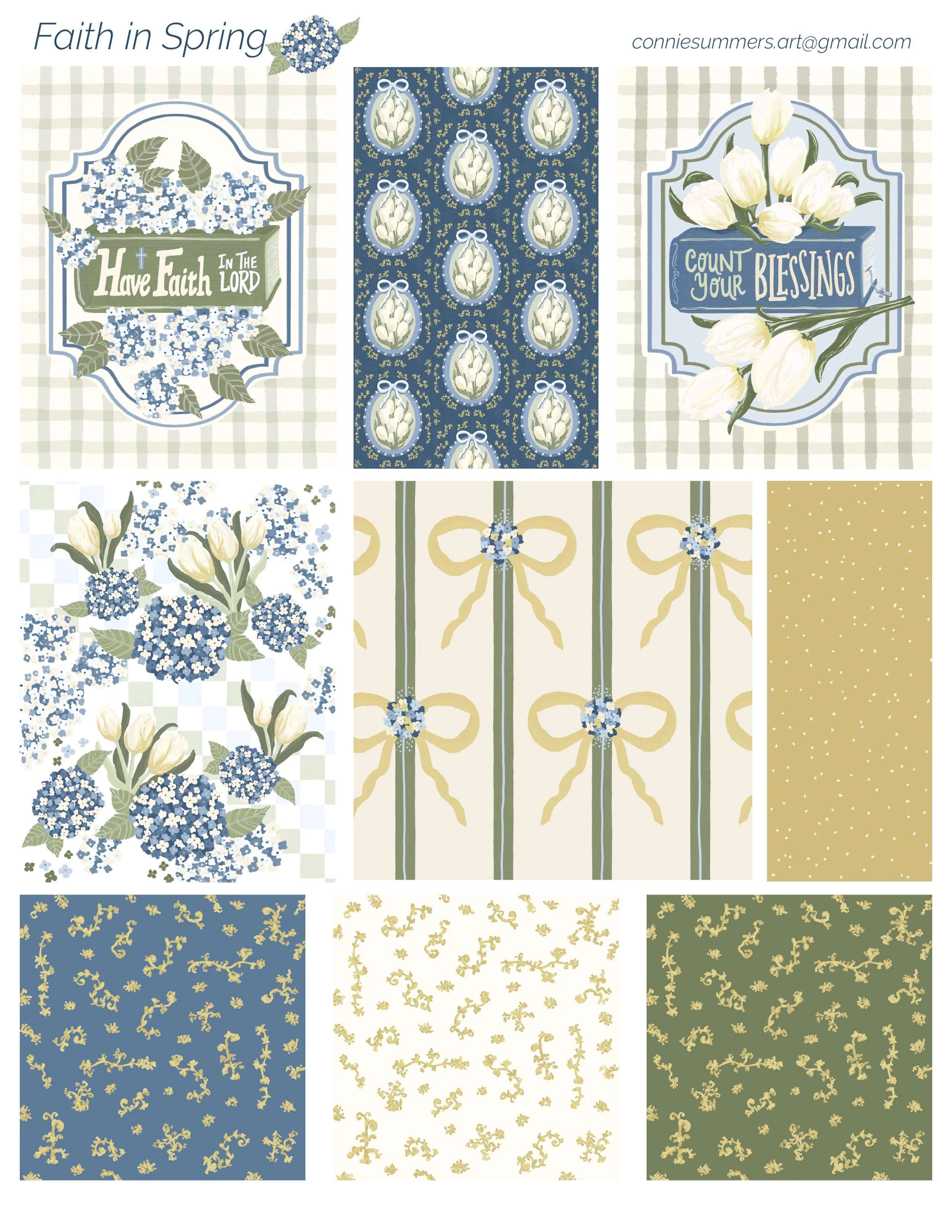 A faith based collection called "Faith in Spring". It features two pieces with books titled "Have Faith in the Lord" and "Count Your Blessings". The spring theme emphasizes flowers like tulips and hydrangeas. The colors are blues, green, gold and cre