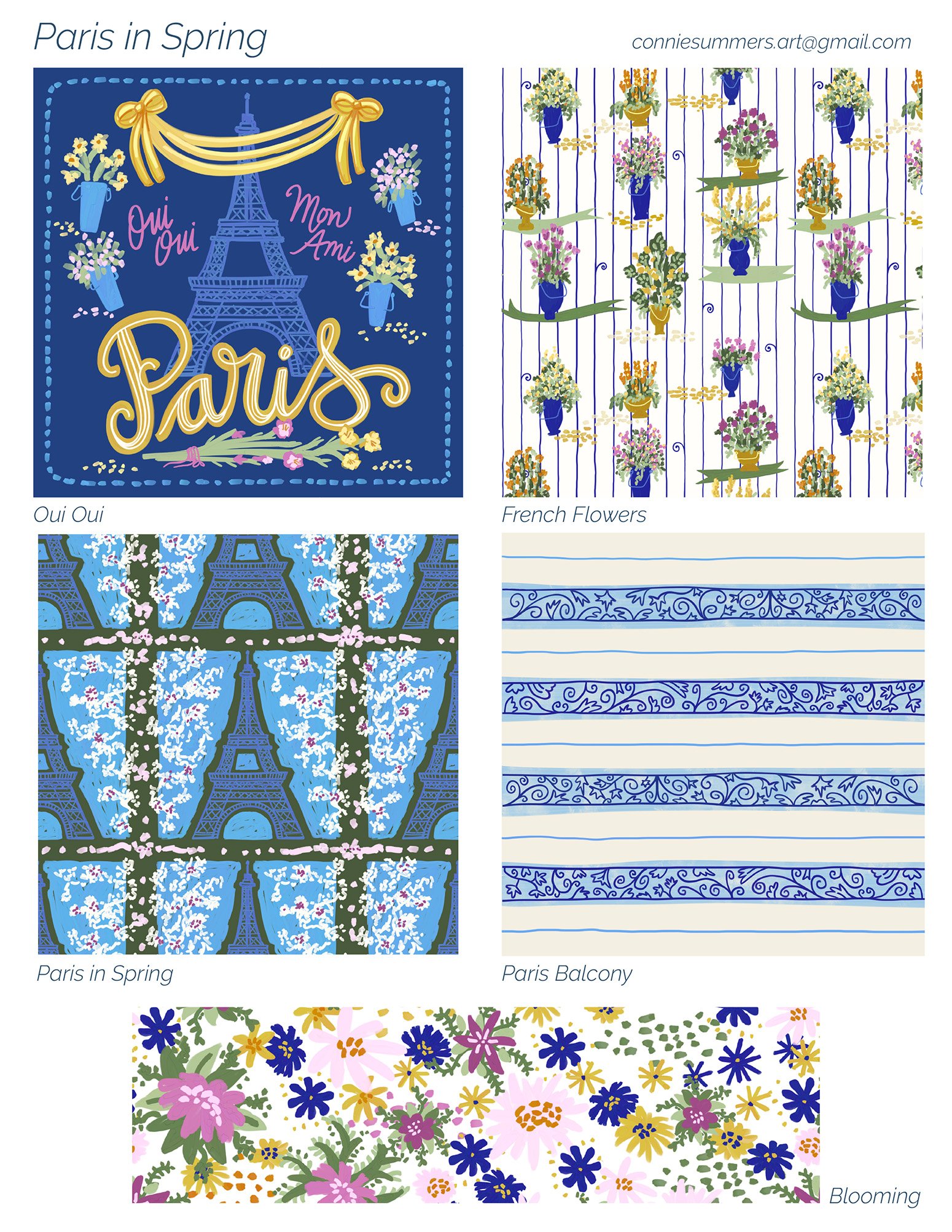 Paris themed collection called "Paris in Spring". Features the Eiffel Tower, spring bouquets of flowers, a fancy balcony in wrought iron and lots of flowers in pinks, navy blue, green and gold.