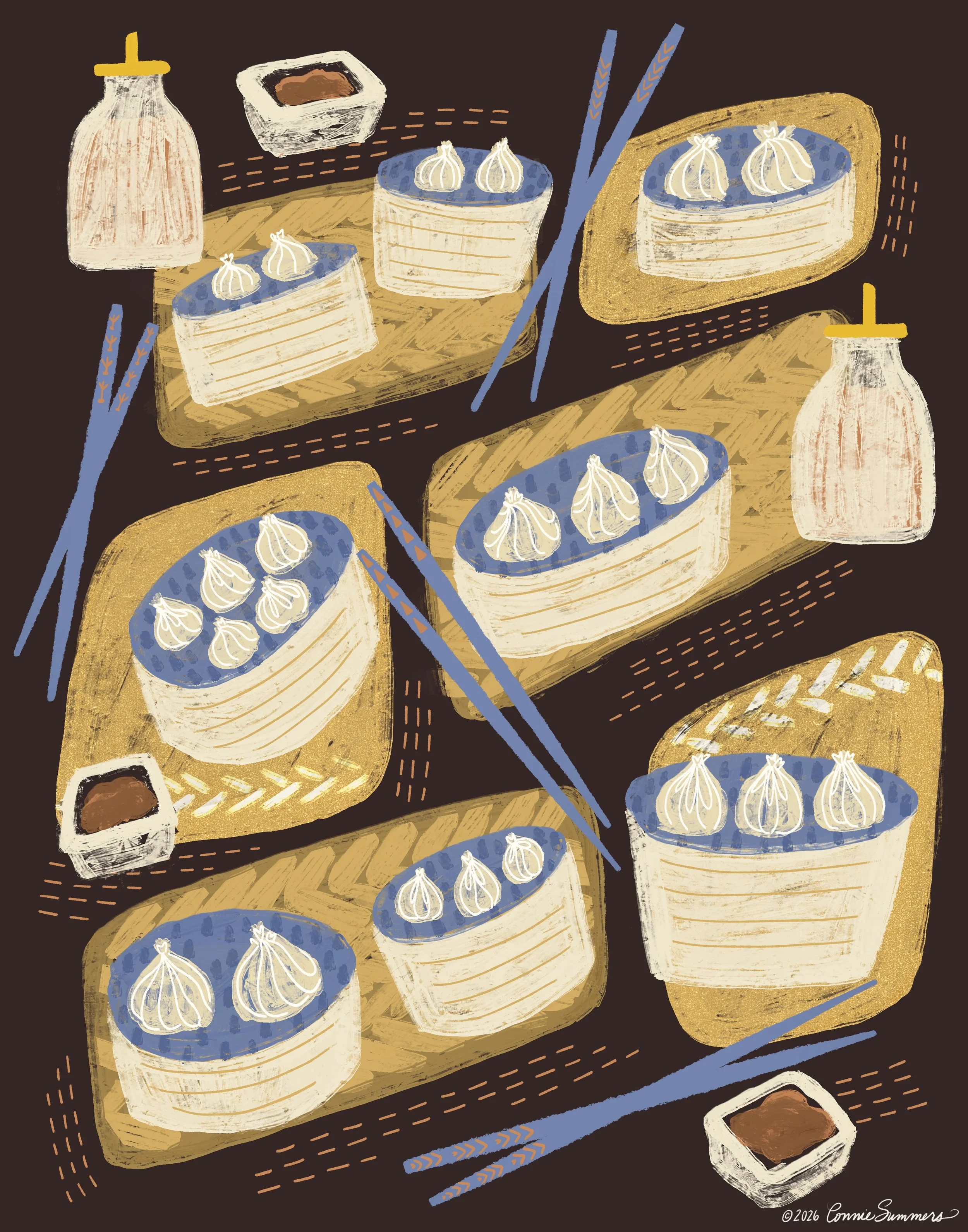 Illustration of dumpling dishes with chopsticks, soy sauce, and dipping sauce containers on a dark background.