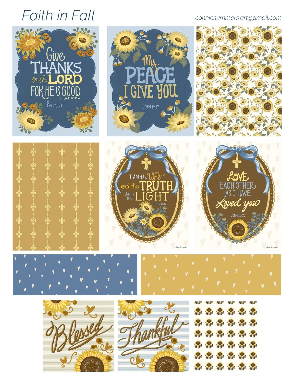 Bible verses about being thankful, loved and peace are accented by fall flowers. A collection that features crosses, sunflowers, mums and hearts. Fall colors used are browns, golds, orange and a dark blue.