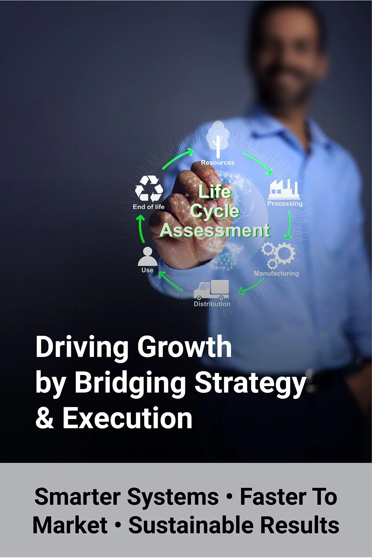 Life Cycle Assessment identifies inefficiencies across a product’s full lifecycle—helping businesses reduce waste, cut costs, and operate more efficiently. Image is a man in a blue shirt looking at a Life Cycle chart.