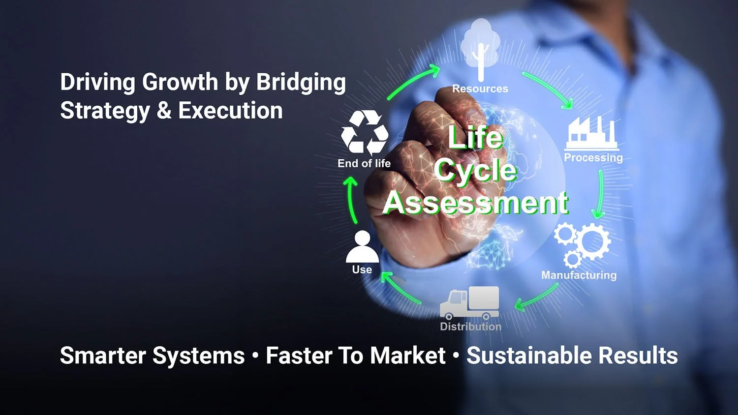 Life Cycle Assessment identifies inefficiencies across a product’s full lifecycle—helping businesses reduce waste, cut costs, and operate more efficiently. Image is a man in a blue shirt looking at a Life Cycle chart.