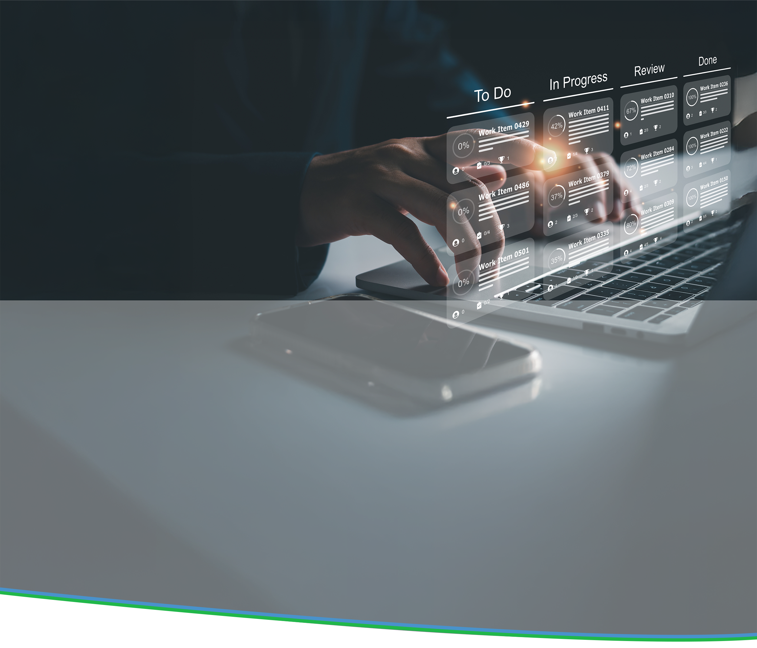 Professional using a laptop with a digital business optimization dashboard overlay, displaying workflow stages like Strategy, Implementation, Performance Review, and Optimization to drive operational excellence and measurable growth.