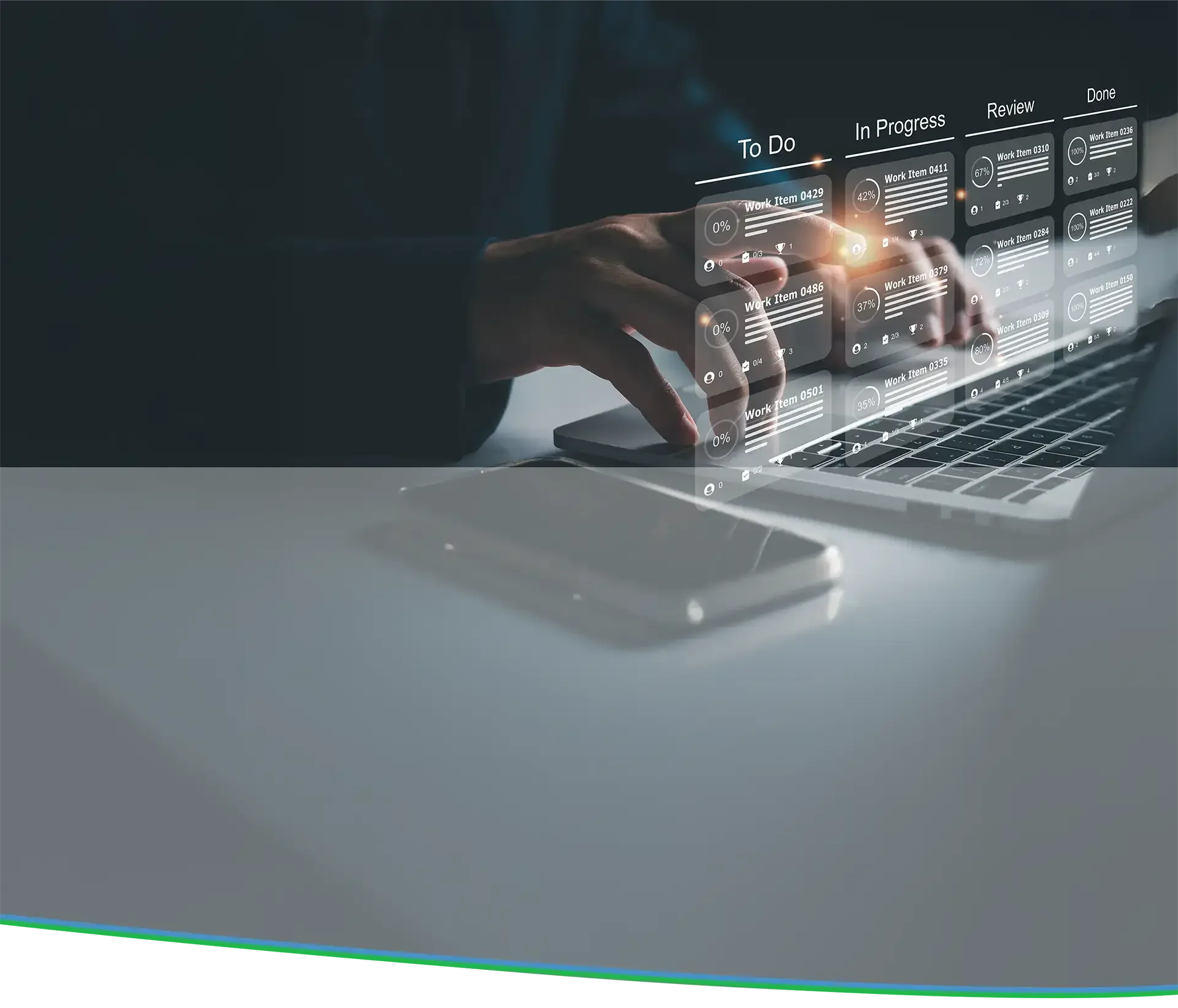 Person using a laptop with a virtual task management chart overlay showing 'To Do,' 'In Progress,' 'Review,' and 'Done' stages.