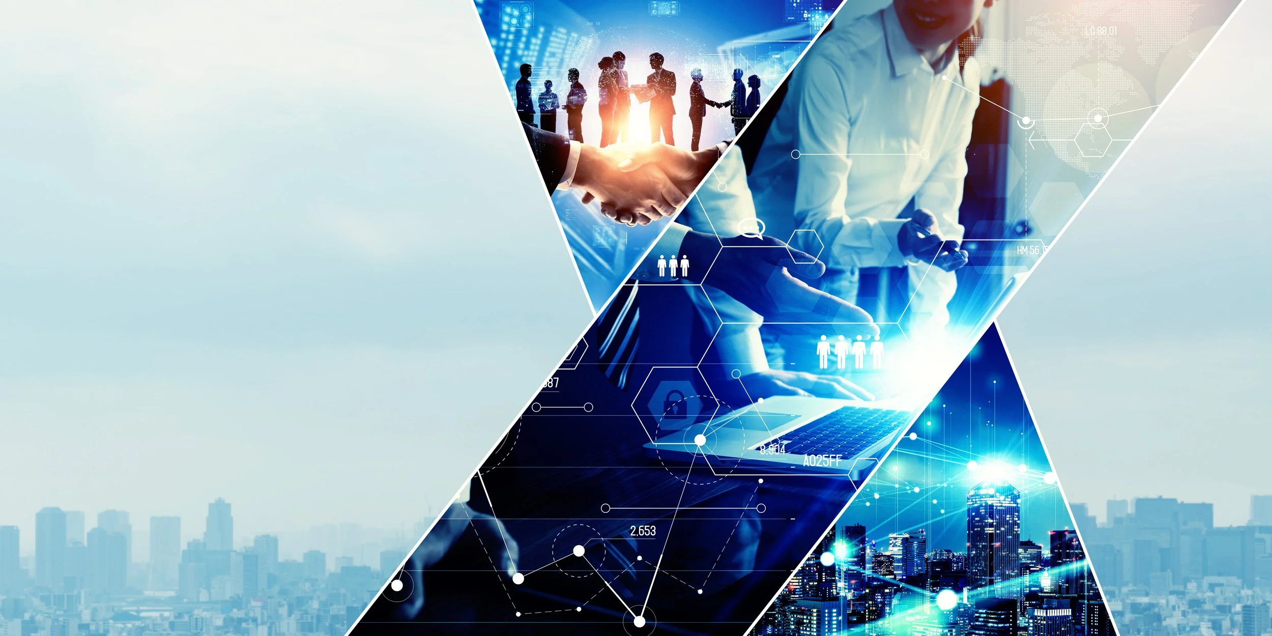 A collage of images related to technology, business, and urban development, including a city skyline, people in a business meeting, handshake, and individuals working with digital devices.