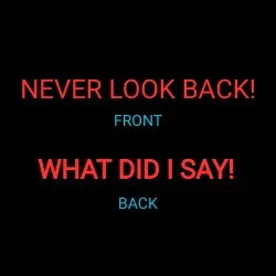 FRONT: NEVER LOOK BACK!
BACK: WHAT DID I SAY!