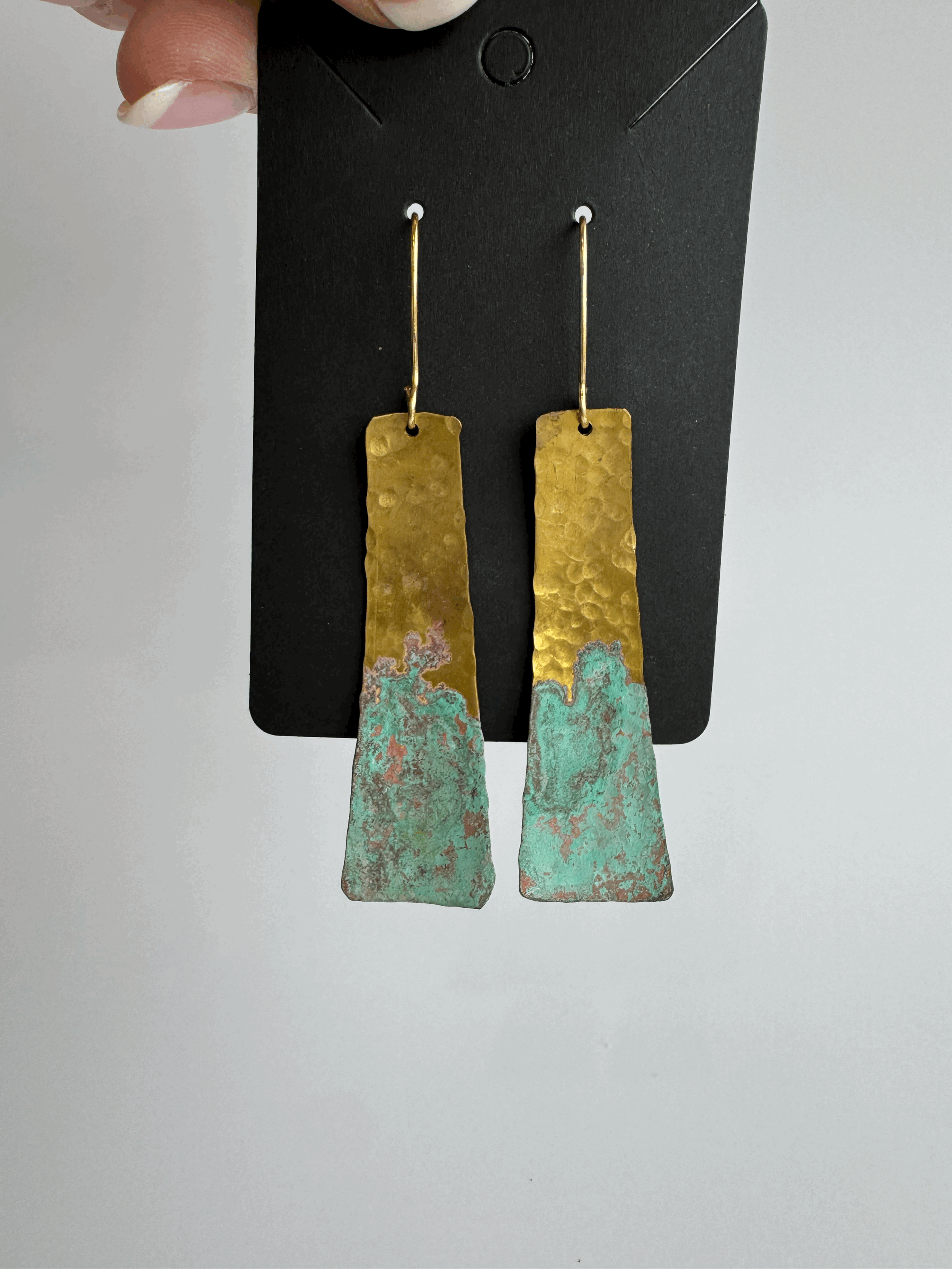 Large forged brass patina paddle earrings