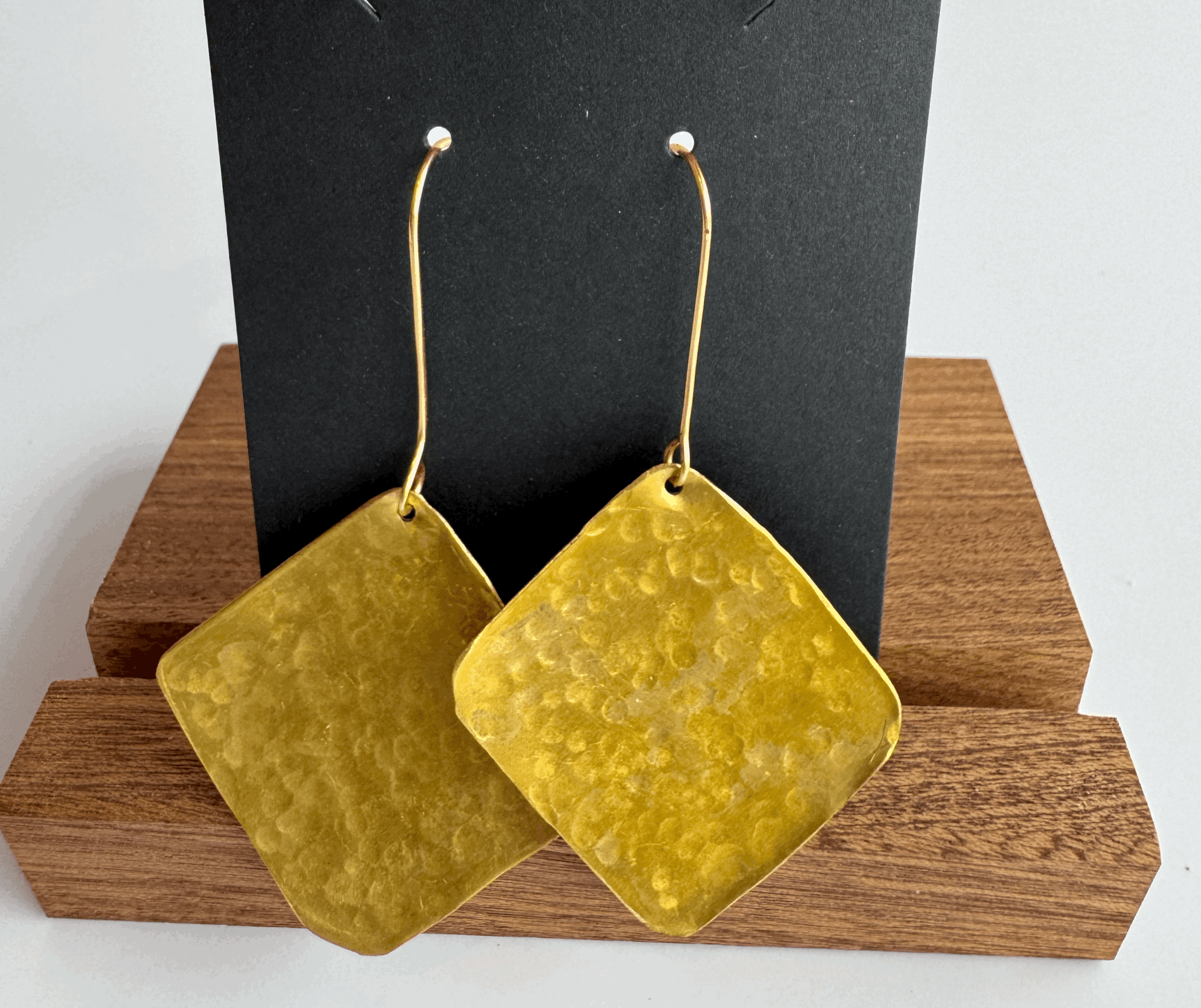 Large Brass Forged Earrings, diamond shaped