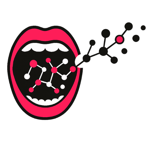 Illustration of a mouth with an open tongue, showing a molecular structure inside, with some molecules extending outside the mouth.
