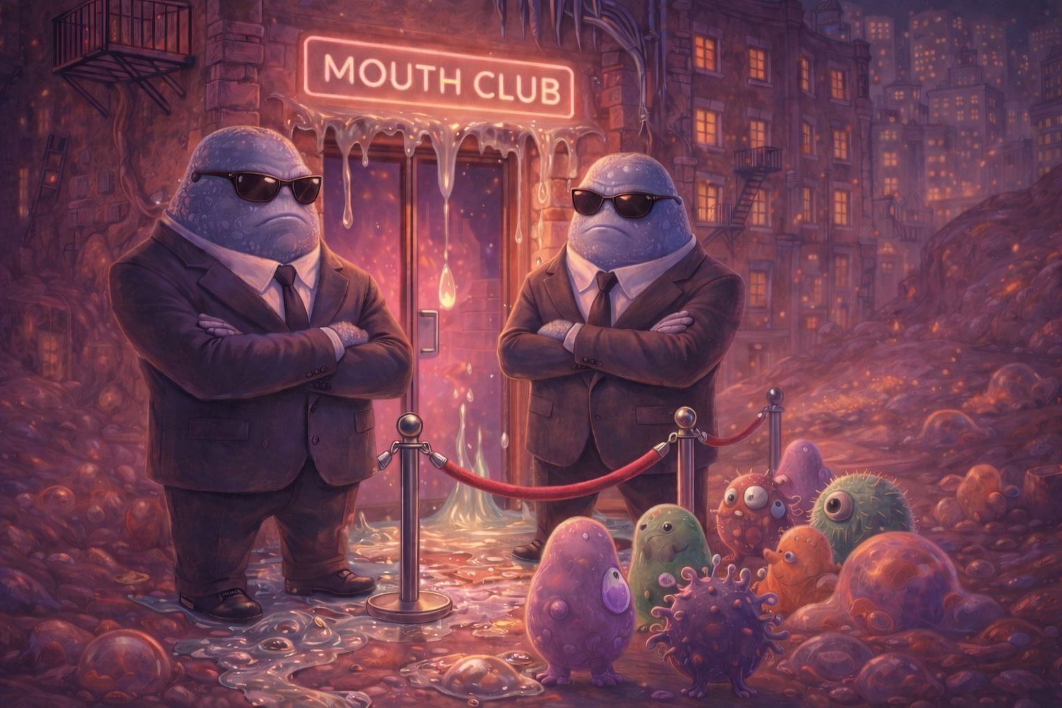 Conceptual illustration showing saliva as a gatekeeper, regulating which microbes are permitted or contained within the oral ecosystem.