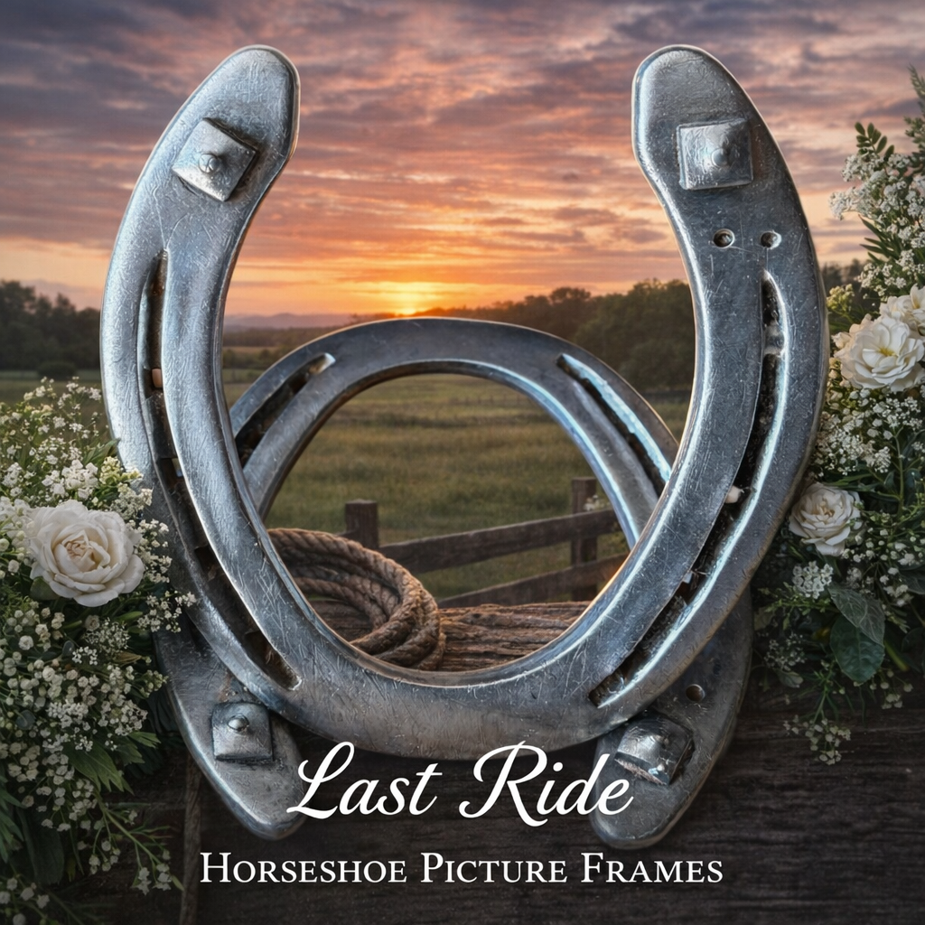 A close-up of a silver horseshoe with a heart shape, set against a sunset landscape with a fence and grassy field, surrounded by white flowers, with text that reads 'Last Ride Horseshoe Picture Frames.'
