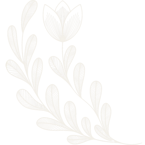 White outline of a flower with pointed petals and a curved stem, accompanied by elongated leaves on a black background.