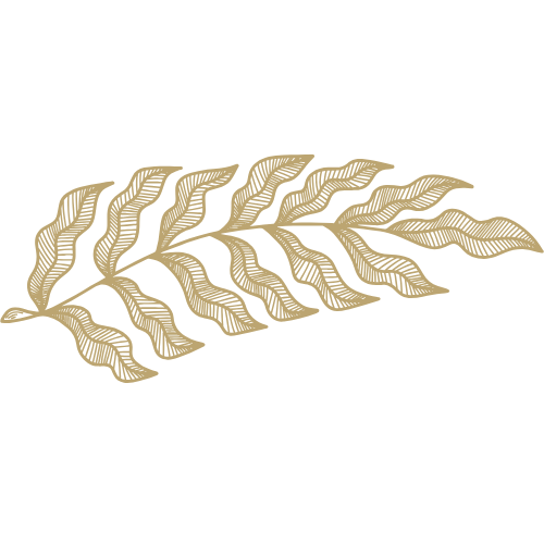 A decorative illustration of a gold-colored fern leaf against a black background.