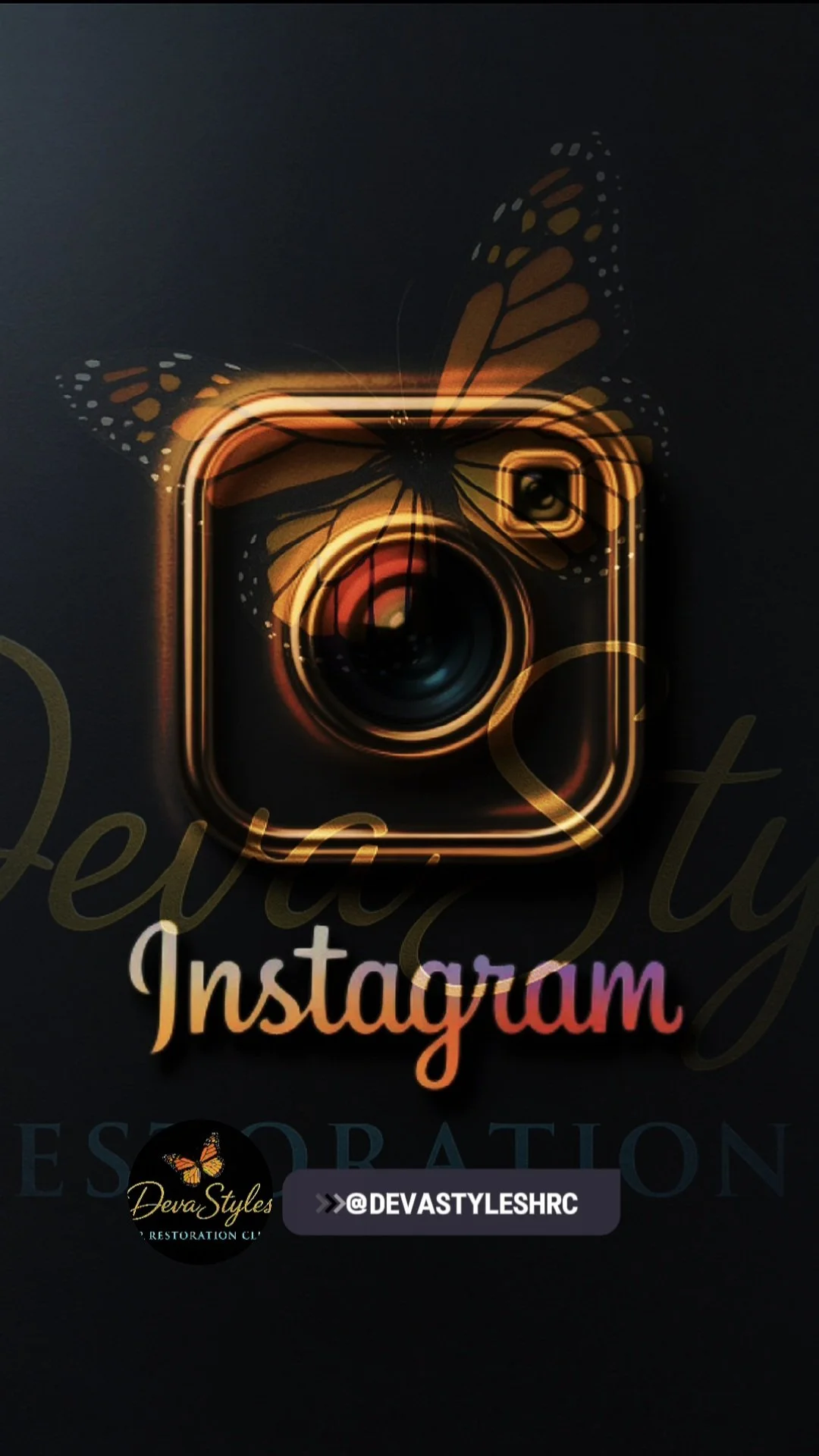A dark background with a neon-style Instagram logo featuring a butterfly wing reflected inside the camera lens, with the text 'Instagram' below and the handle '@DEVASTYLESHRC'.