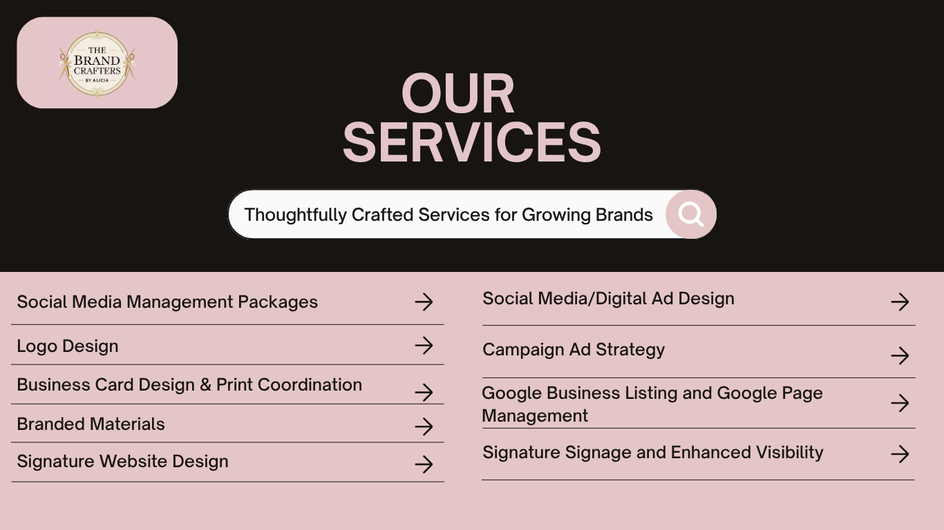 A website page titled 'Our Services' for 'The Brand Crafters by Alicia' featuring a list of services including social media management, logo design, business card design, branded materials, website design, digital ad design, campaign strategy, Google listing management, and signage.